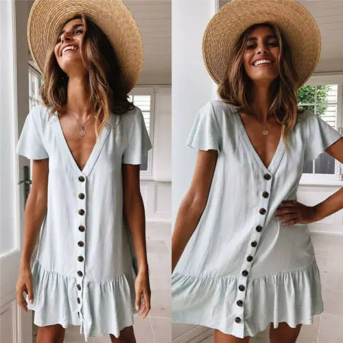Hirigin النساء السيدات عارضة الصلبة V الرقبة الكشكشة اللباس عطلة الشاطئ فضفاض قصيرة الأكمام زر فستان الشمس