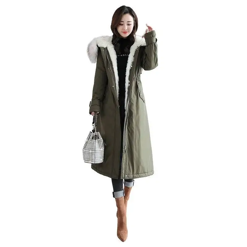 

2019 New Winter Women Slim Long Parkas Plush Faux Fur Collar Hooded Cotton Padded Coat Female Warm Thick Wadded Jacket K265