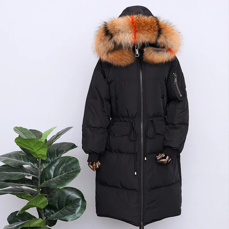 Воротник из меха енота, свободная куртка из гусиных перьев, Женское зимнее пуховое пальто размера плюс, длинная парка, женская теплая верхняя одежда Okq035 - Цвет: black 3 fur