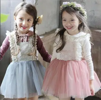 

Kids Girls Dress Tulle Lace Bow Party Dresses Baby Girl TuTu Princess Dress Babies Korean Style Suspender Dress +T-shirt 2PCS Ki