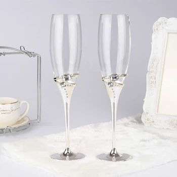 

1 pair silver color wedding champagne red wine glasses with crystal 2 rings/ champagne glass decorations flute goblet