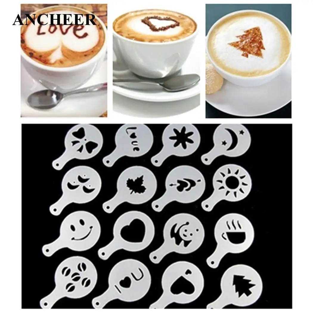 

Coffee Cappuccino 16Pcs Stencils Templates Strew Flowers Duster Spray Model Pad