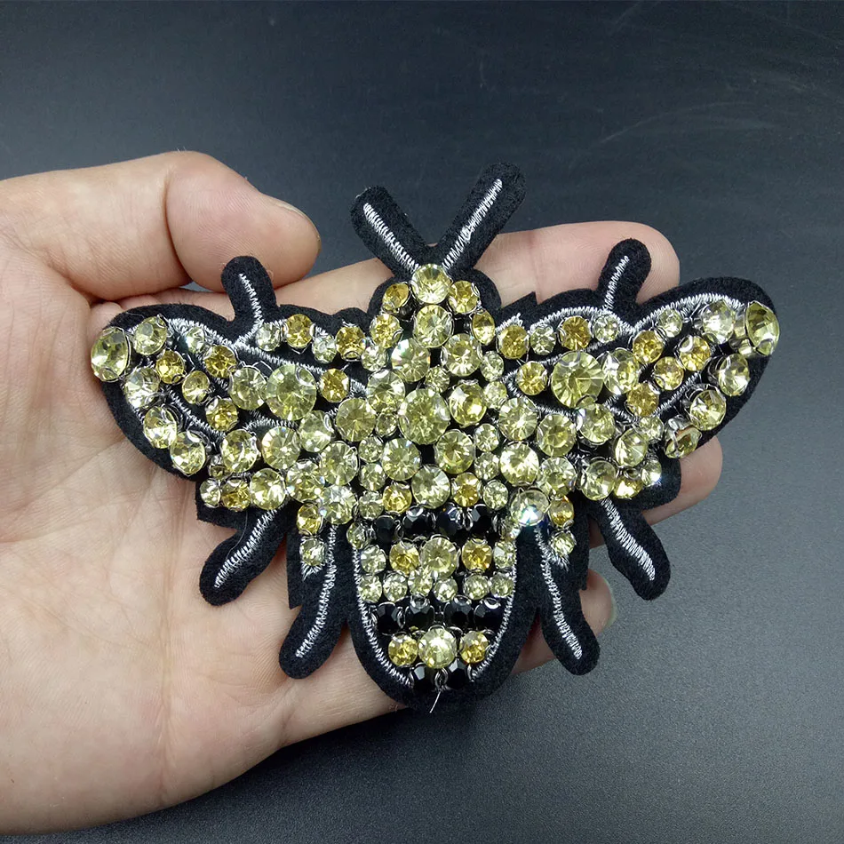 

Large Beaded Patches Gold Bee,Sew on Handmade Rhinestone Patch for clothing beading Applique