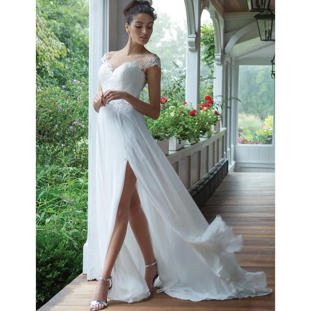 

Boho Beach Wedding Dress Chiffon A Line Side Slit Cap Sleeves Sheer Scoop Lace Appliques Bridal Gowns Suknia Slubna