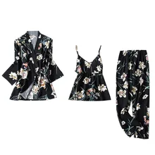 Женская атласная пижама, 3 штуки, Сексуальная кружевная женская пижама с принтом, одежда для сна, длинные штаны, одежда для сна, комплект из 3 предметов, Z0329