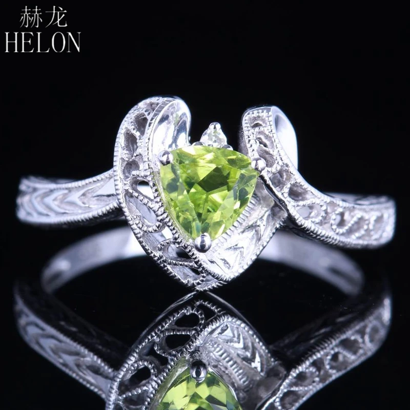 

HELON Solid 14K (585) White Gold Flawless 5x5mm Trillion Cut Peridot Real Diamond Gemstone Filigree Vintage Antique Jewelry Ring