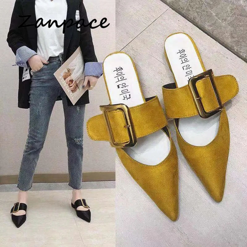 Zanpace New Low Slippers 2019 Buckle House Slides Pointed Top Fashion Woman Shoes Summer Platform Sandalias Ladies Flip Flop