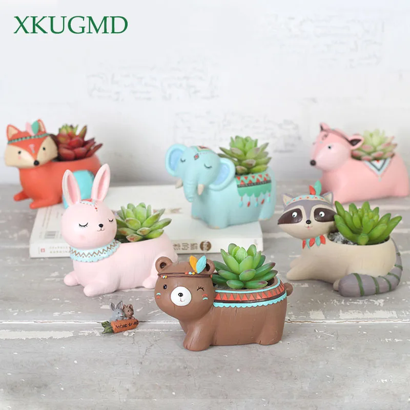 Cute Cartoon Animal Flowerpot Resin Succulent Plant Vase Fox Elephant Deer Bear Rabbit Planter Pot Home