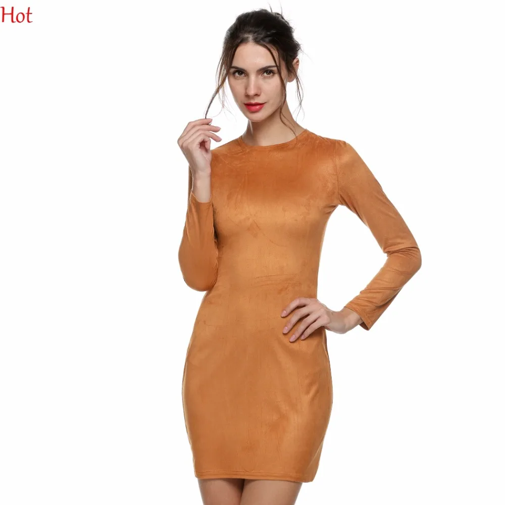 

2016 Long Sleeve Slim Party Dress Sexy Club Vestido OL Office Women Winter Dresses Skin Tight Faux Suede Bodycon Dress SV028415