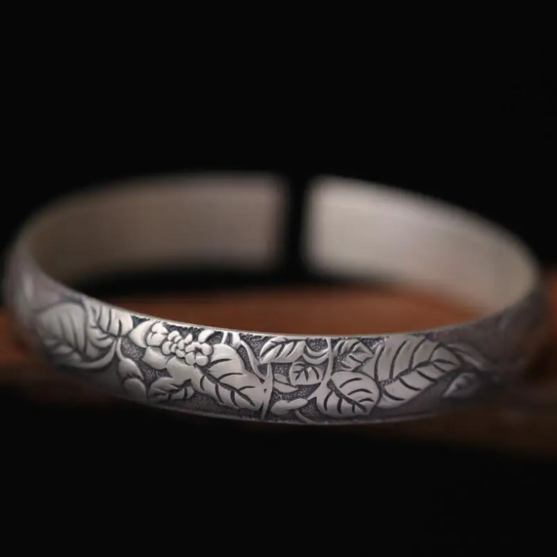 

Pure Silver Handmade Silver 999 Carving Apricot Flower To Do The Old Ethnic Opening Silver Bangle (SYF)