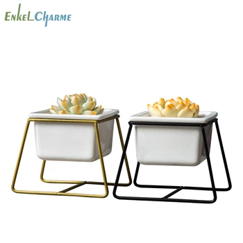 

Geometric Cactus Succulent Flower Pots Small Square Ceramic Flowerpot Iron Plant Stand Holder Garden Desktop Balcony Deco Vasi