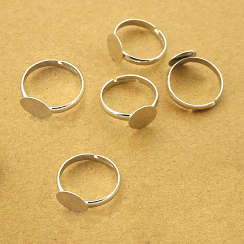 50pcs 10mm Pad Diy Silver -Plated Ring Base Anillo Adjustable Ring Blanks Glue On Cabochon Rings Findings Material For Handmade Jewelry Findings
