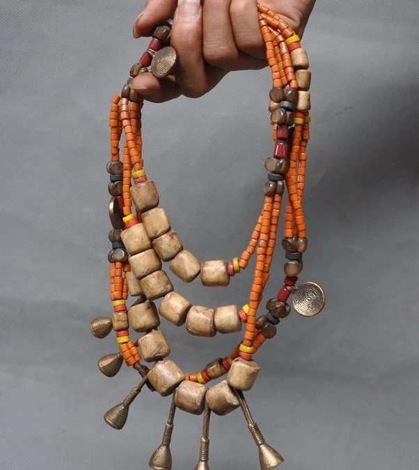 

19" Collect Old Tibet Temple bronze Shell Colored glaze agate Pray Bead necklace