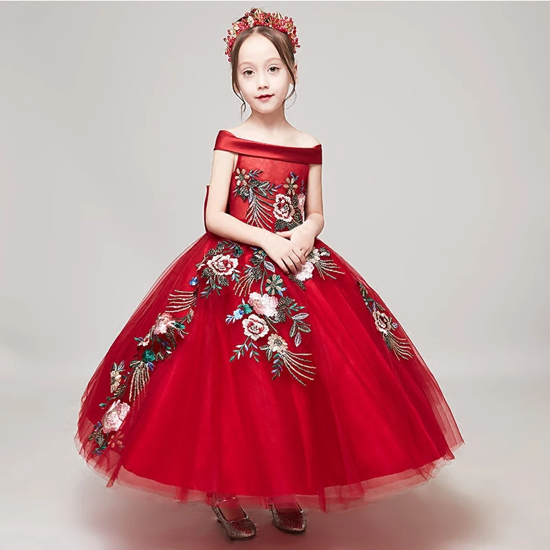 

Red Flower Girls Dress Off Shoulder Princess Dress Children Bow Ball Gown Appliques Summer Wedding Dress Evening Party Gown A149