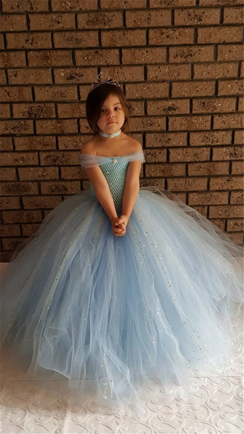 Светло-голубой юбка-пачка для девочек платье Блестящий тюль платье Золушки для принцесс дети платье-пачка для девочек Свадебная вечеринка бальное платье