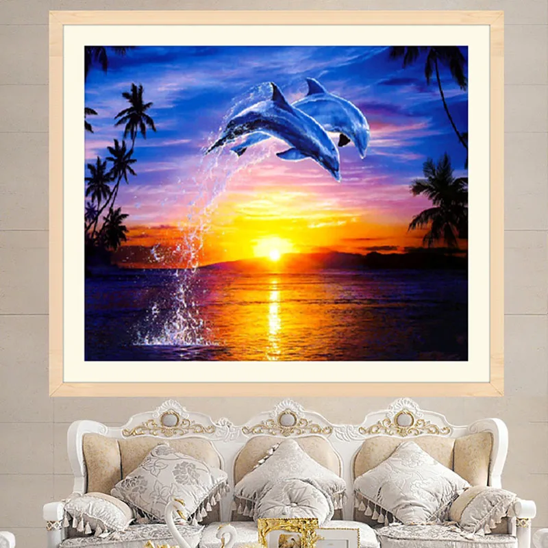 

DIY 5D Diamond Painting Sunset Dolphin Embroidery Cross Stitch Crafts Home Decor #Aug.29
