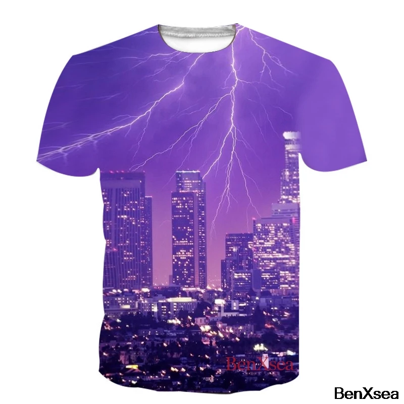New 2018 Purple Printed Lightning City Hip Hop T Shirt | Мужская одежда