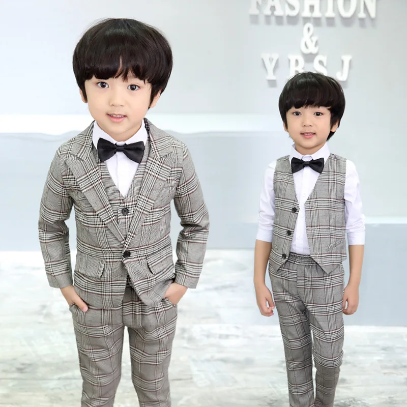 

New 2019 Plaid Spring Autumn Boys Blazer+vest+Pant Boys Suits 3pcs for Wedding Gentleman Boys Dresses Suit Kids Clothing Sets