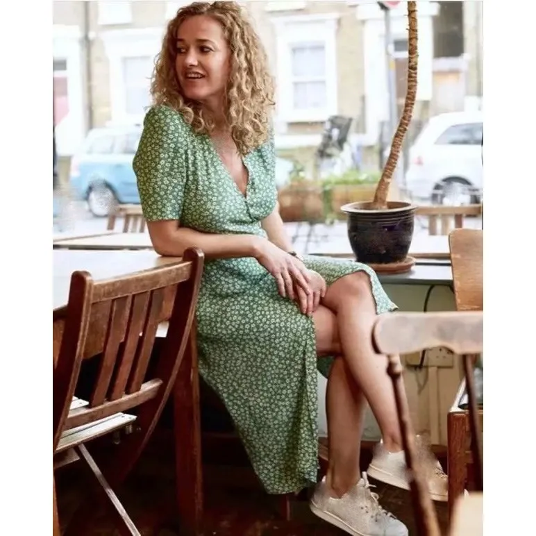 

2019 Summer Boho Floral Print Dress Buttons Women Midi Length Wrap Dress With Belt Sashes Sweet Beach Dress