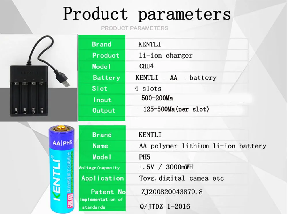 KENTLI 2 шт. AA 1,5 В в 3000mWh литий-ионная аккумуляторная батарея + 4 слота полимерный литий-ионный аккумулятор зарядное устройство