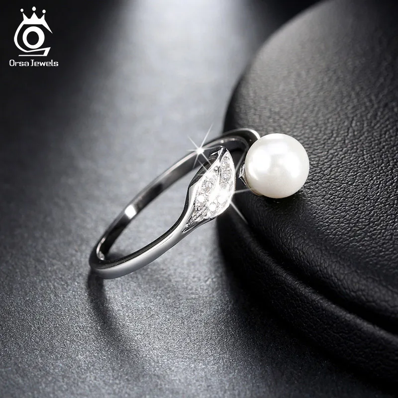 ORSA JEWELS Silver 925 Leaf CZ Rings Reliable with Big Simulated Pearl Sterling Silver Jewelry for Women SR16