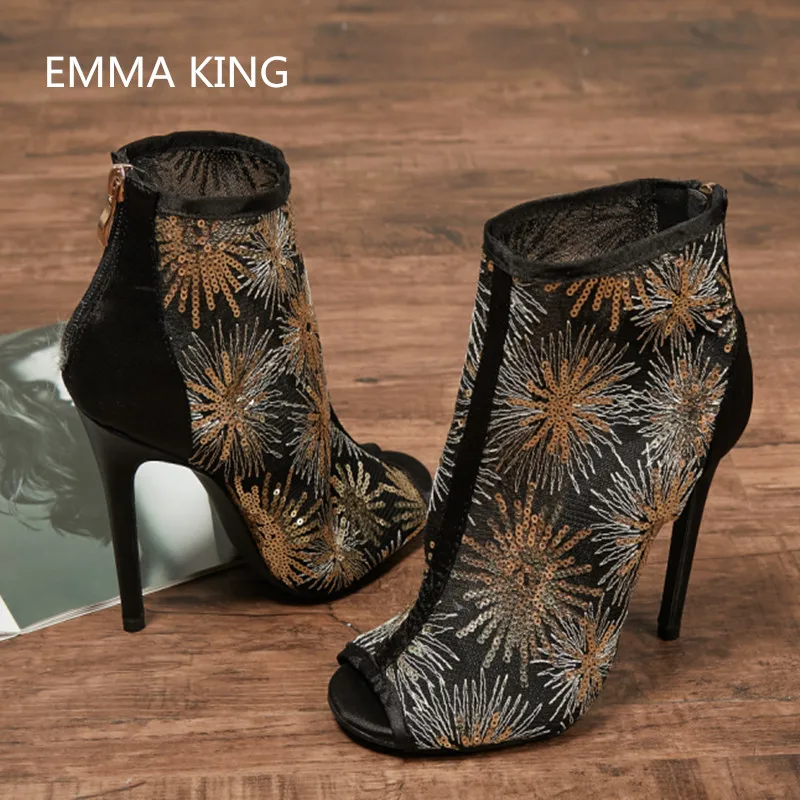 

Embroidered Flower Designer Ankle Boots Women Silk Mesh Patchwork Fashion High Heel Booties Peep Toe Stilettos Party Dress Shoes