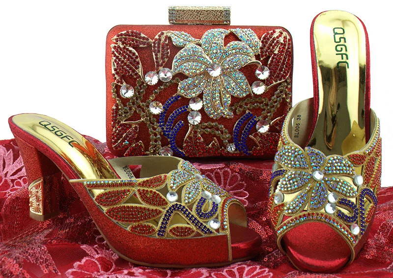 Middle heel 3.2 inches red color african aso ebi party shoes bag women set to match red lace fabric dress many stones  SB8144-4