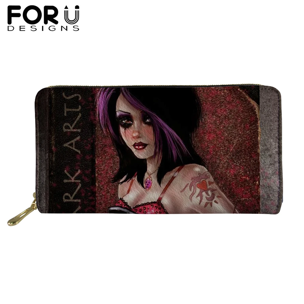

FORUDESIGNS Gothic Style Dark Art PU Leather Wallets for Woman Lady Zipper Long Purses Girls Money Coin Bag Card Holders 2019