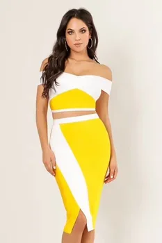 

High Quality Sexy Off Shoulder Pacthwork 2 Piece Bandage Dress 2019 Knitted Elastic Bodycon Party Dress