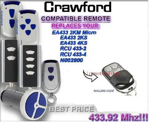

For Crawford EA433 2KM MICRO,EA433 2KS RCU433 compatible remote replacement