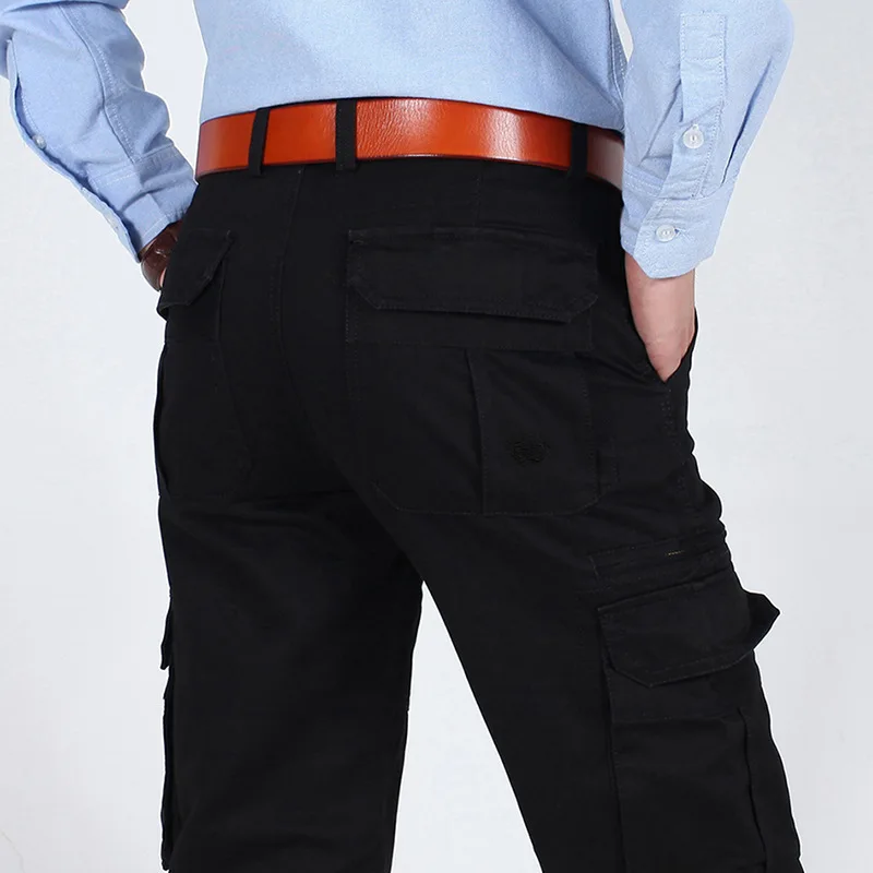 Брюки Карго, мужские тактические брюки, военные повседневные брюки, мужские прямые свободные штаны из чистого хлопка со средней талией, тактические брюки, большие размеры 30-44 - Color: Black