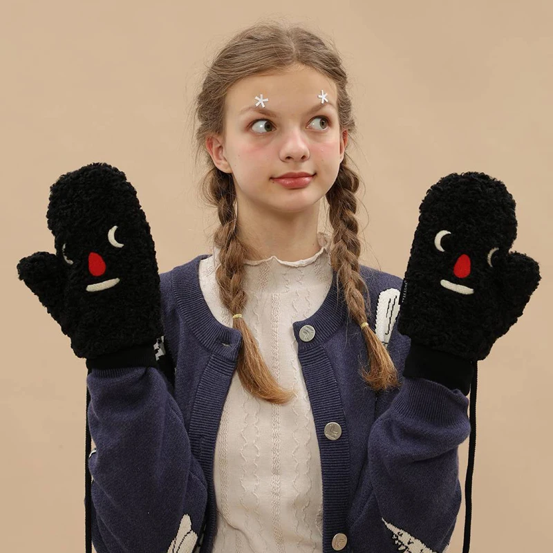 

Original Design Fully Lined Faux Fur Twist Mittens Gloves Full Finger Outdoor Warm Mittens Thicken Velvet Lanyard Wrist Harajuku