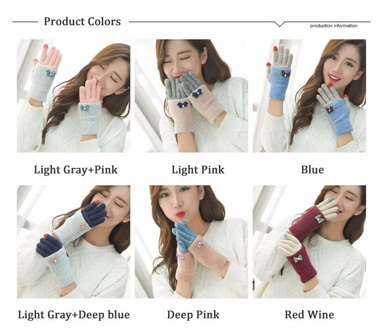 Мода акриловые Сенсорный экран перчатки Для женщин зимние теплые с милым бантом двухслойная вязаные перчатки для девушек студентов Ганц