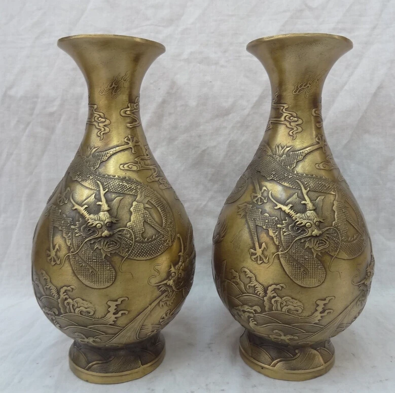 

bi003445 10" Chinese Bronze Decoration FengShui Myth Fly Dragon Statue Twin Vase Pot Pair
