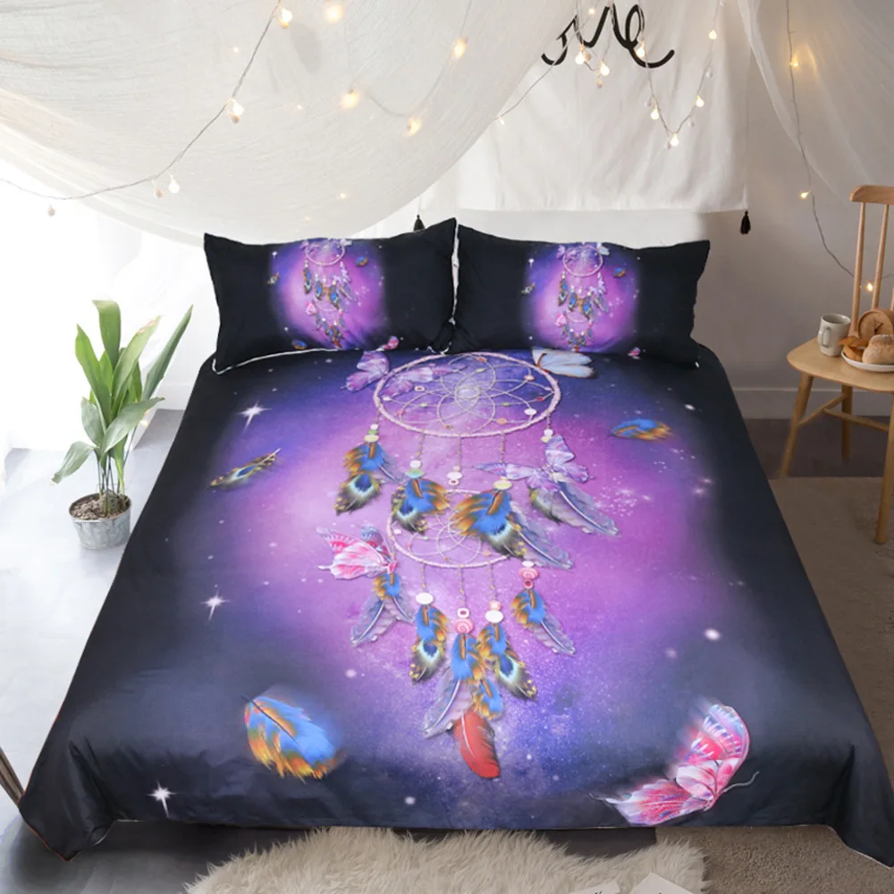 

King Size Bedding Set 3d Dream Catcher Butterfly Duvet Cover Set Purple Black Bedding And Bed Sets Home Textiles Bedclothes 3Pcs
