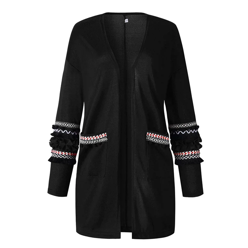 Кардиган с длинным рукавом женский Зимний вязаный Boho женский свитер кардиган Цветочная верхняя одежда с кисточками испанское Элегантное повседневное длинное пальто - Цвет: Black