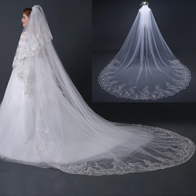 

4 Meter White Ivory Cathedral Wedding Veils Long Lace Edge Bridal Veil with Comb Wedding Accessories Bride Veu Wedding Veil