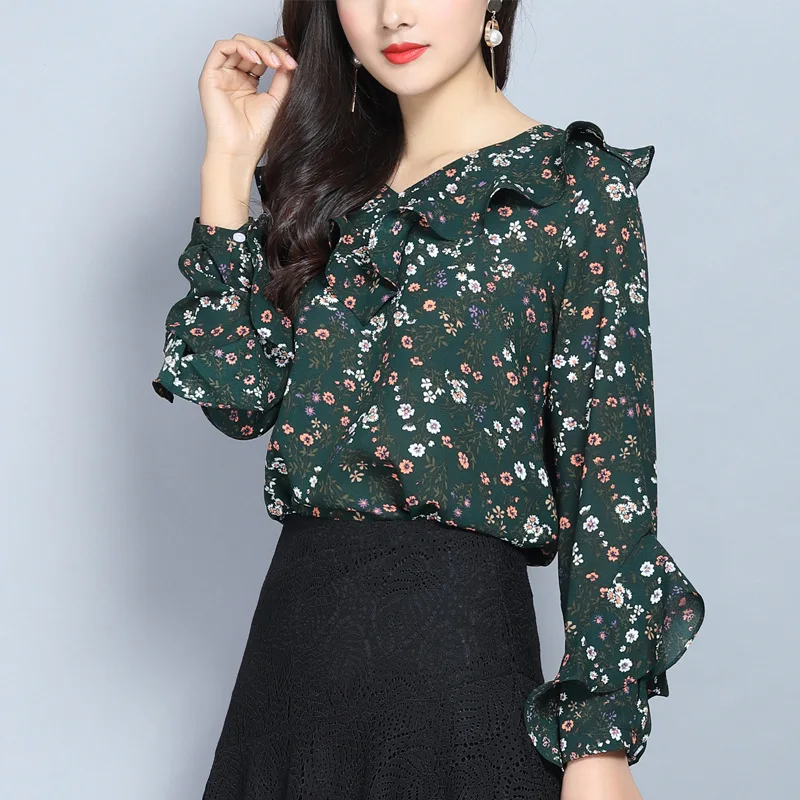 Prarie Chic Long Flare Sleeve Ruffled Collar Printed Blouse Women