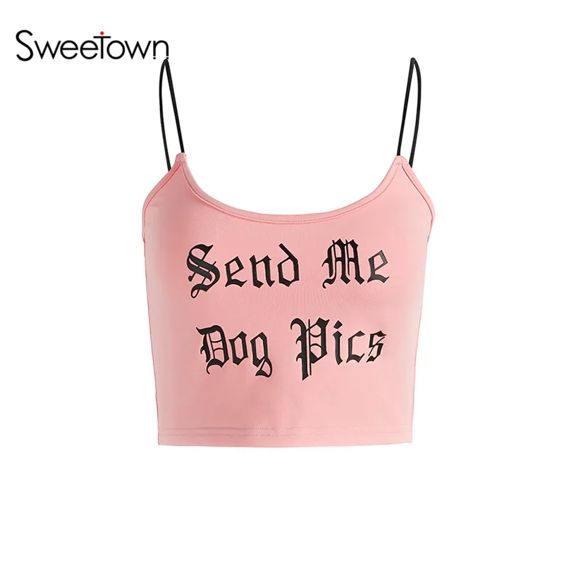 

Sweetown Women Sexy Crop Camisole 2017 Cropped Feminino Letter Print Top Pink Fashion Sleeveless Feminino Bralette Fashion Camis