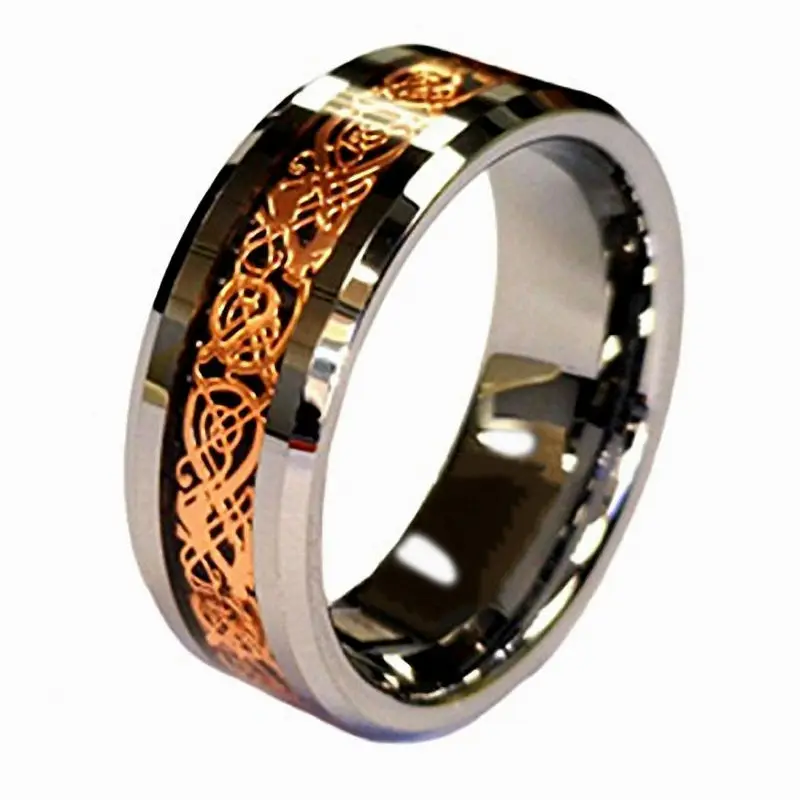 Queenwish 8mm White Engagement Tungsten Ring Rose Gold Color Celtic Dragon Carbide Carbon Fiber ...