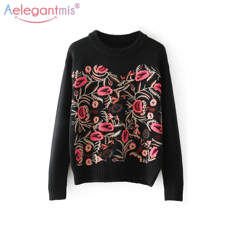 

Aelegantmis Vintage Floral Embroidery Sweaters Women Chic Knitted Pullovers Sweater Female High Quality Autumn Winter Jumpers