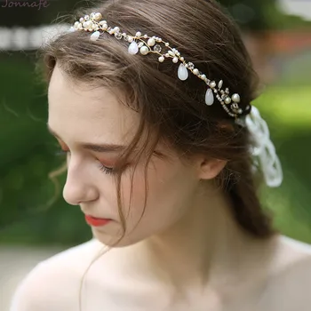

Jonnafe Gold Color Hand wired Pearls Women Prom Hair Jewelry Bridal Headband Hair Vine Wedding Accessories Bridesmaid Headpiece