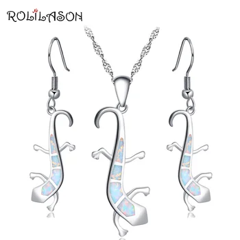 

ROLILASON Large earrings pendant necklace Silver stamped 925 White Gecko fire opal set for women party gift OS035