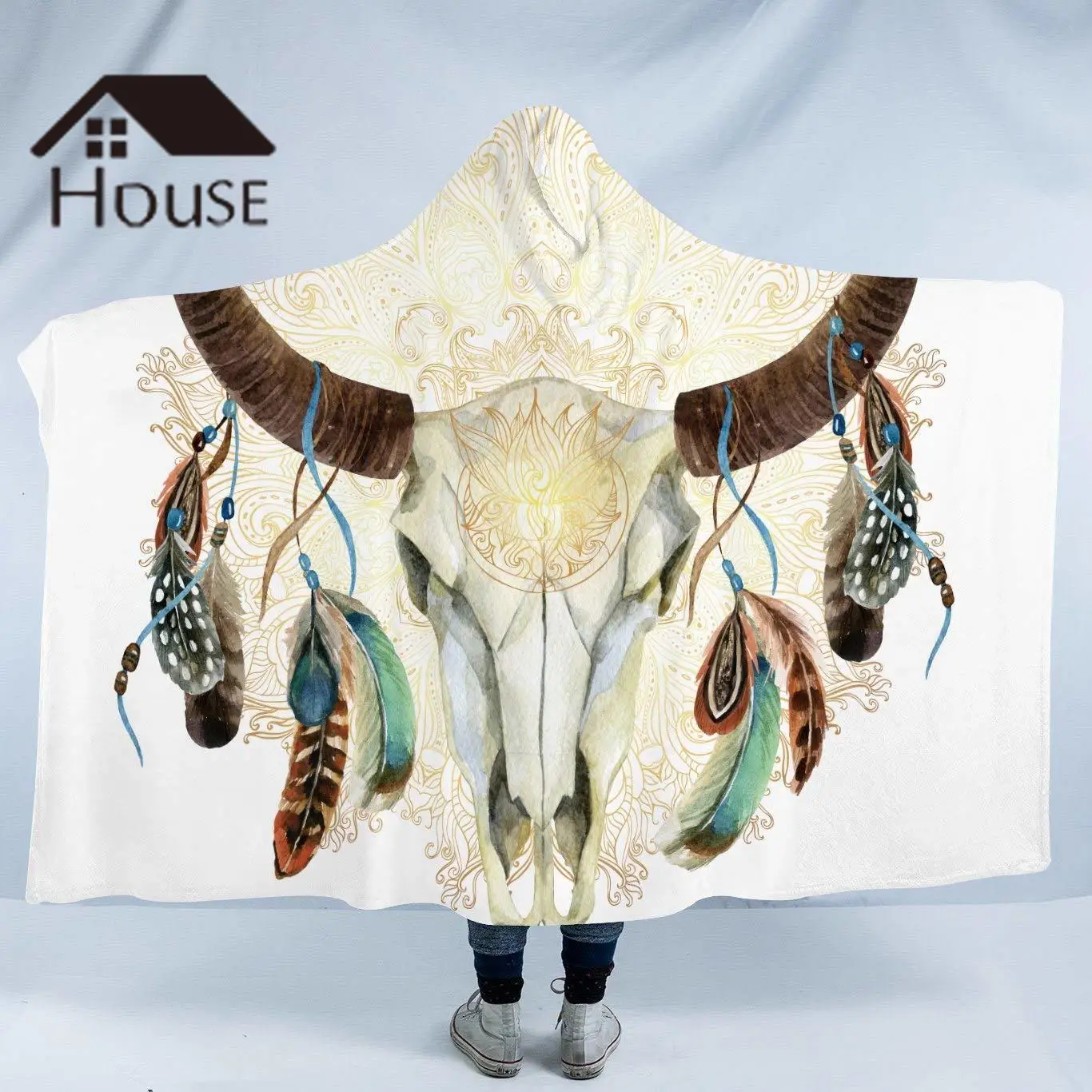 

Sleepwish Boho Bull Skull Wearable Hooded Blanket for Adults Mandala Dreamcatcher Sherpa Fleece Woman Throw Blanket Microfiber