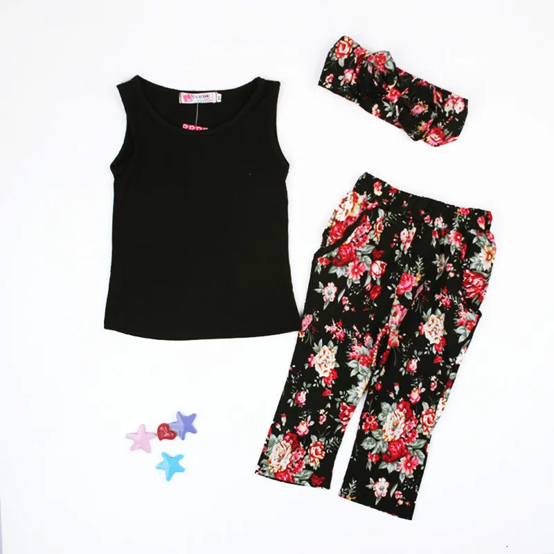 

Binbi Bear Style Girls Summer Fashion Floral Casual Suit Children Clothing Set Sleeveless Outfit +headband New Kids Clothes Set