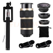 6in1 Mobile Phone Lens 8X Zoom Telephoto Lenses Selfie Stick Fish eye Wide Angle Macro Lens For iPhone 6 7 Cell phone Smartphone