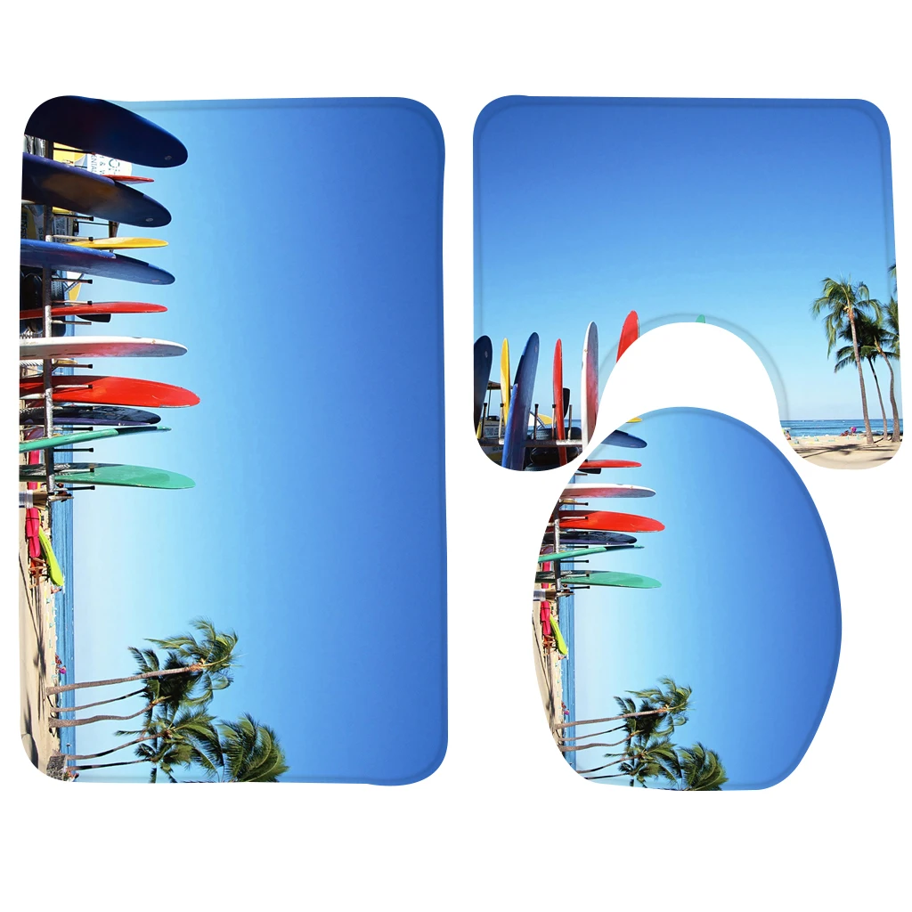 3pcs Bathroom Mat Set Beach Surfboards Palm Trees Pattern Bath Mat