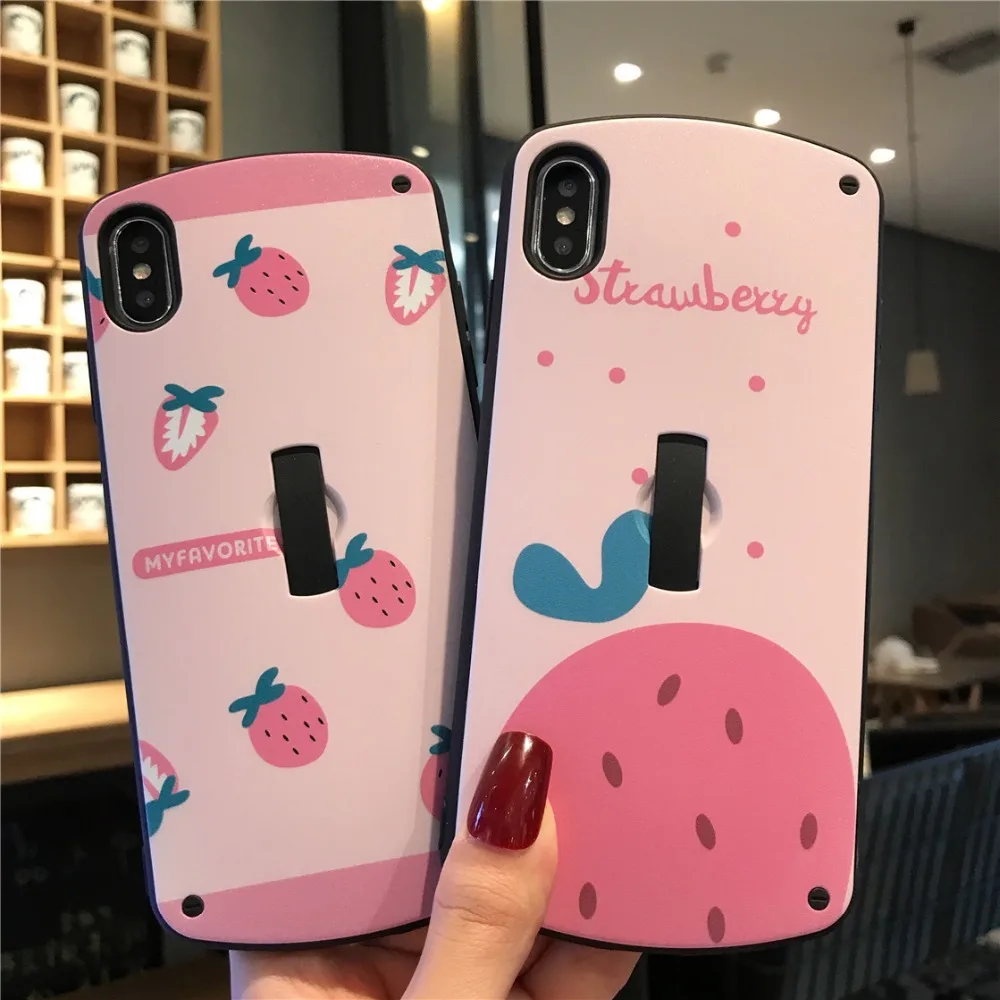 Чехлы для телефонов Hide ring для iphone 6 6S 7 8 Plus X XR XS Max, Модный чехол в стиле ретро с изображением клубники, невидимая задняя крышка с подставкой