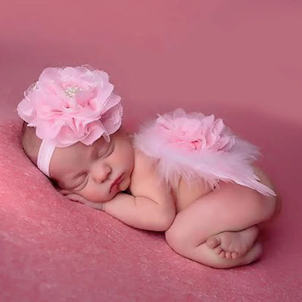 

Fashionable Newborn Baby Photography Props Set Lace Feather Angel Wings&Flower Pattern Headband Baby Clothes Set Baby Stuff