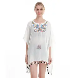 Для женщин летние блузки блуза прикрыть цветочный пляжное бикини Plage Boho круглым вырезом блузка Топ Летний принт кисточкой пляжная одежда 2